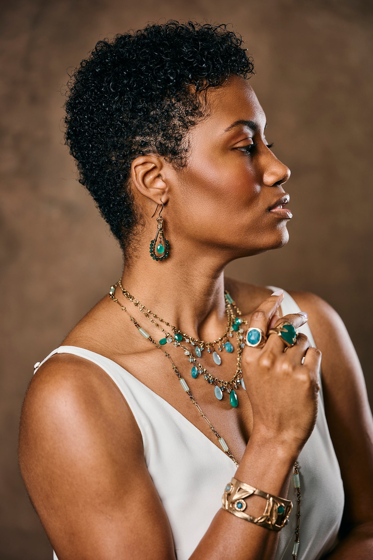 Delicate Vintage Pressed Fauna Lace Bronze Necklace with Raw Emerald Bead Accents