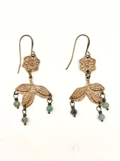 Delicate Vintage Pressed Fauna Lace Bronze Earrings with Raw Emerald Bead Accents