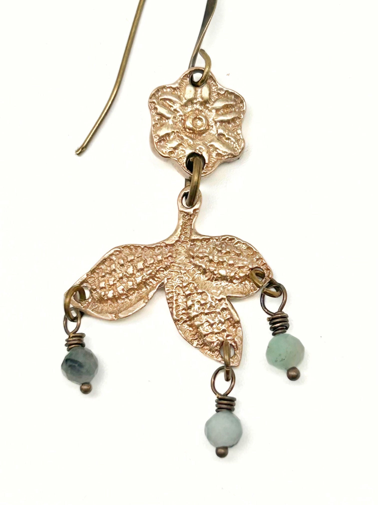 Delicate Vintage Pressed Fauna Lace Bronze Earrings with Raw Emerald Bead Accents