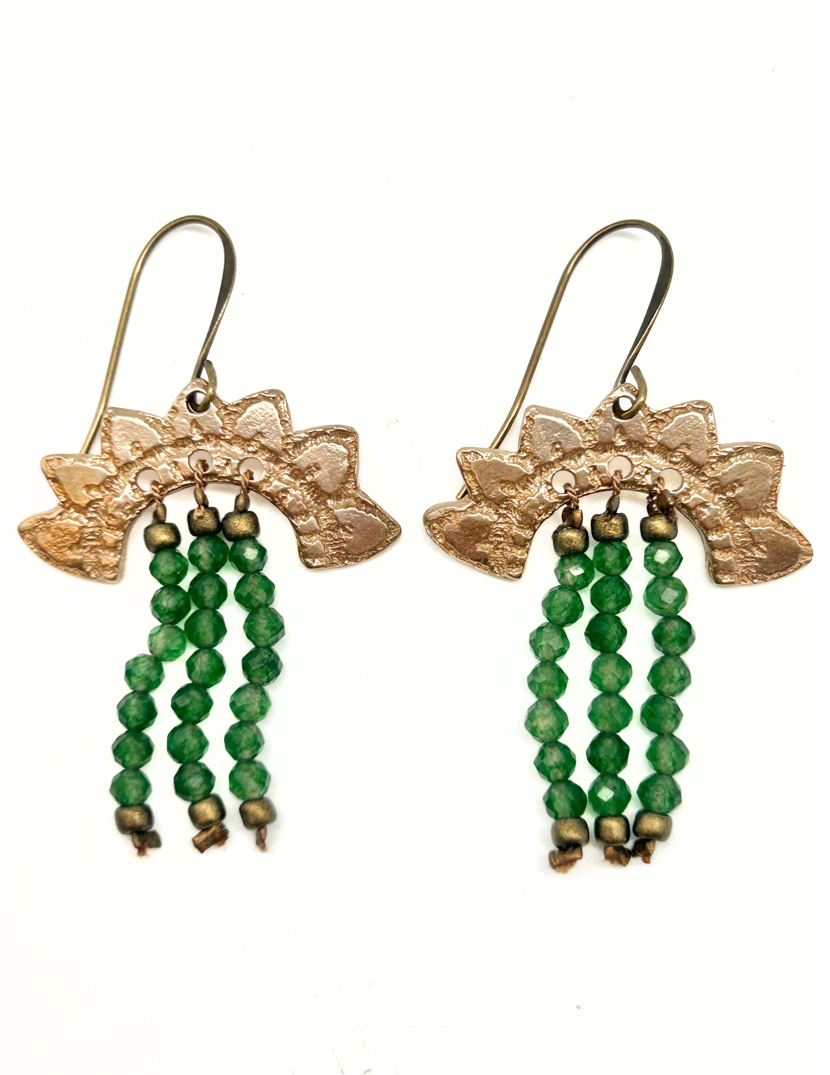 Bronze Pressed Lace Earrings with Trio of Beaded Tassels