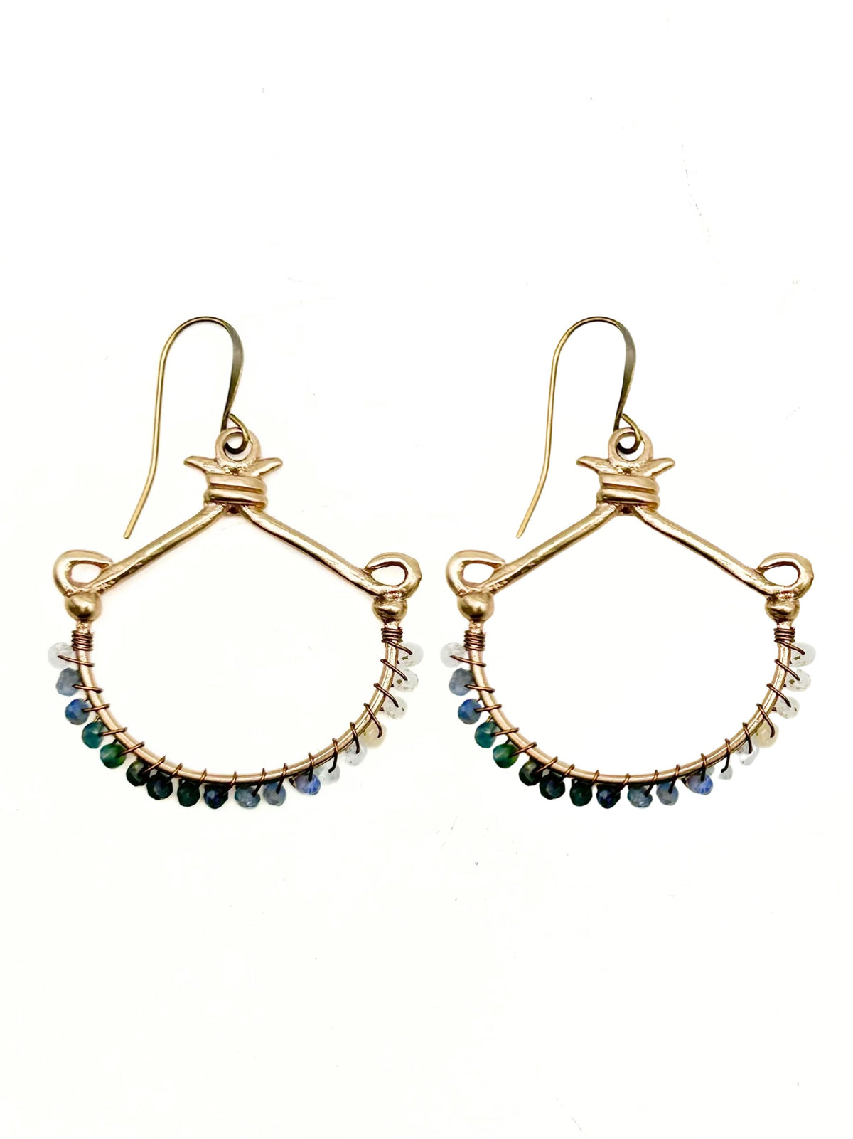 Fan Hoop Earrings with Wrapped Precious Stone Detailing