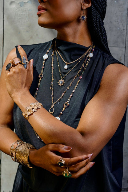 Gemstone Wrapped O-Ring Pendant, Pearl, and Multi Tourmaline Long Necklace
