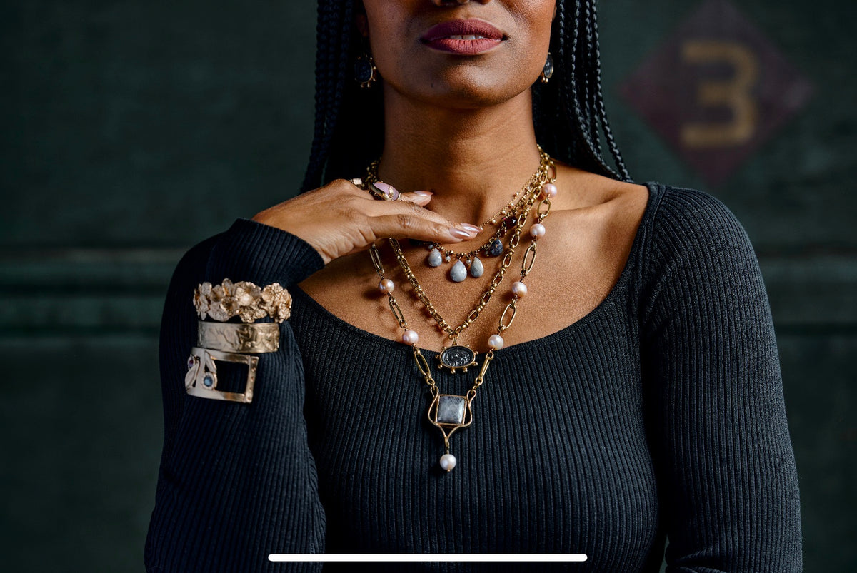 Harp Styled Pendant with Rectangle Gemstone, Pearl Accent, and Pearl Chain Necklace