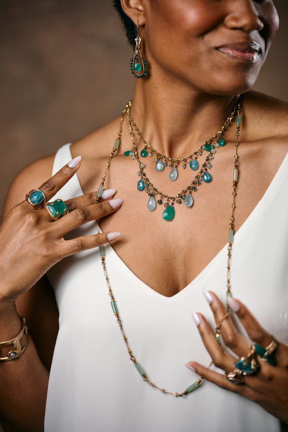 Delicate Vintage Pressed Fauna Lace Bronze Necklace with Raw Emerald Bead Accents