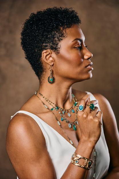 Delicate Vintage Pressed Fauna Lace Bronze Necklace with Raw Emerald Bead Accents