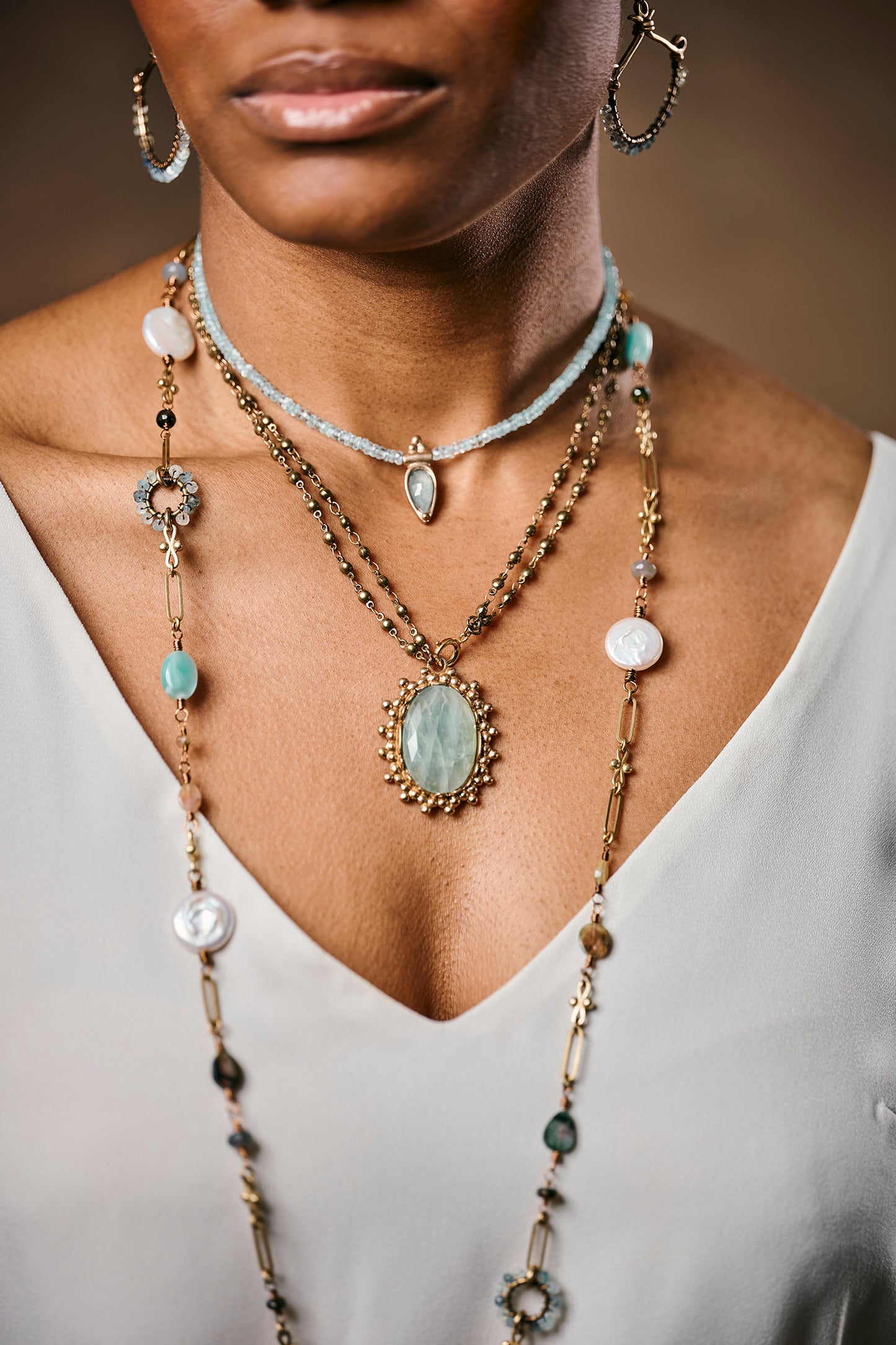 Delicate Pear Shape Stone Pendant on Beaded Chain