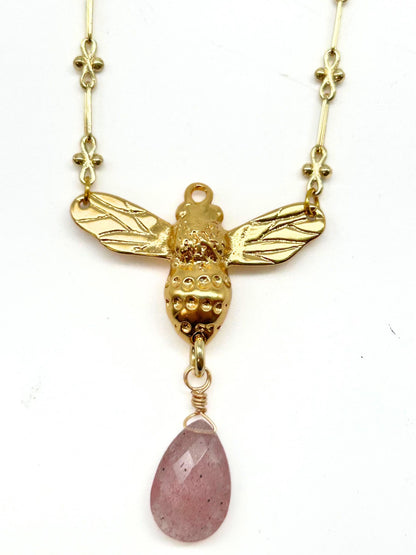 Queen Bee Pendant with Pear Shape Stone Drop on Small Brass Rosary