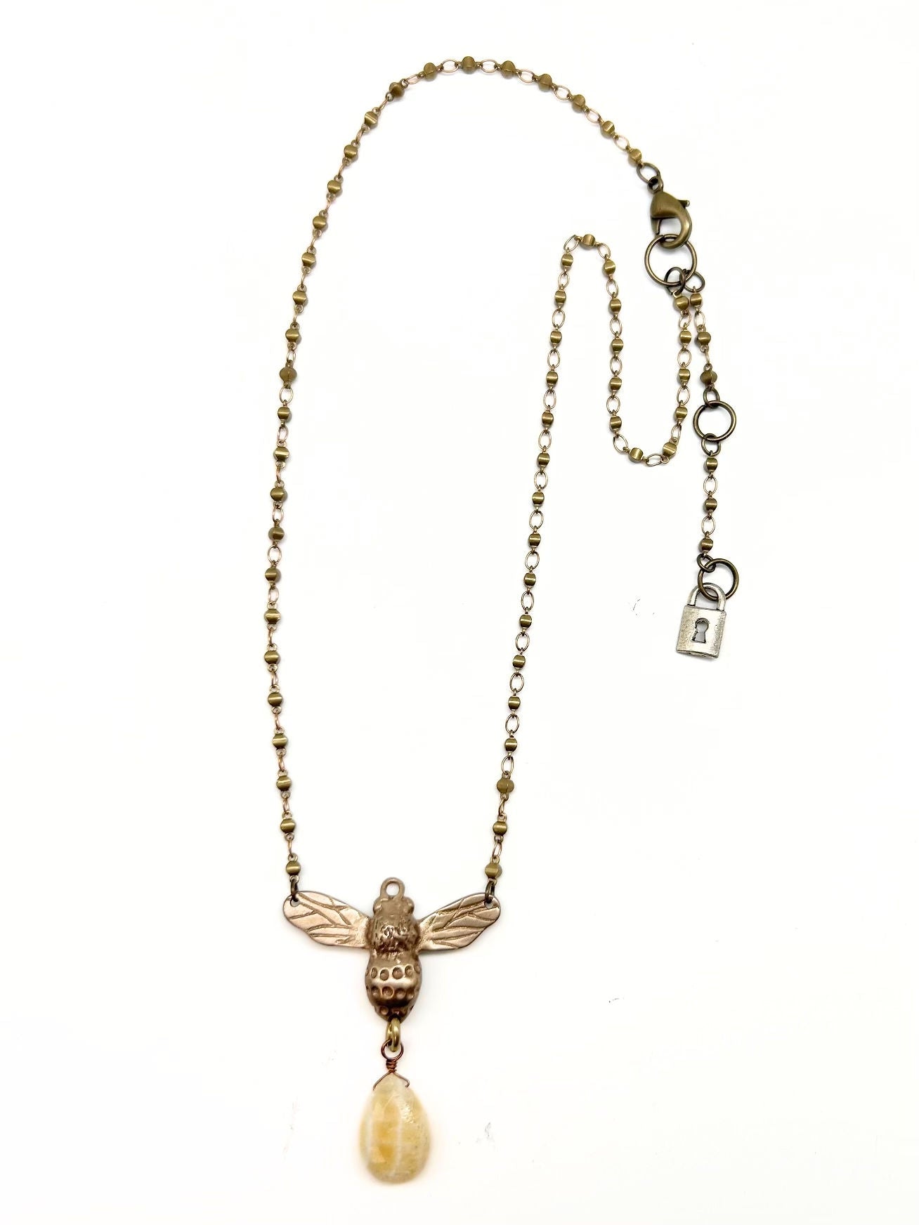 Queen Bee Pendant with Pear Shape Stone Drop on Small Brass Rosary