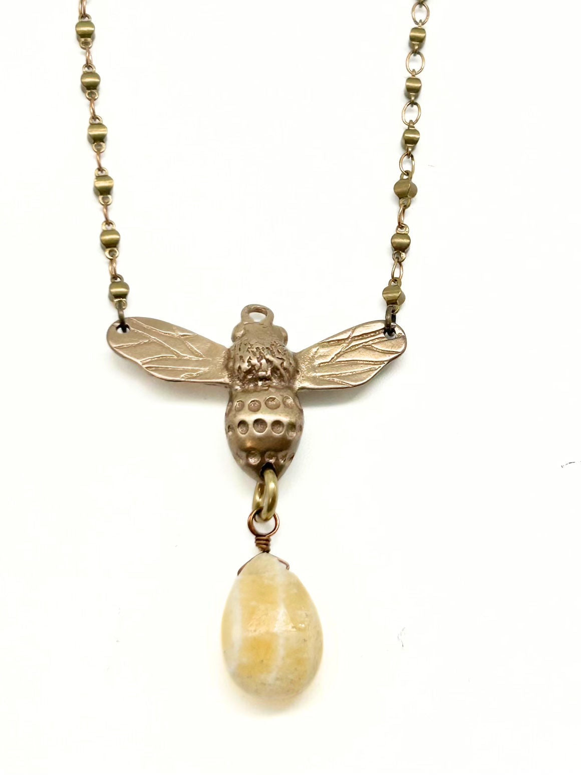 Queen Bee Pendant with Pear Shape Stone Drop on Small Brass Rosary