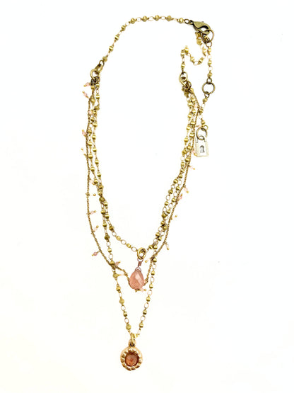 Delicate Triple Layered Pendant Drop Necklace on Beaded & Brass Rosary Chains