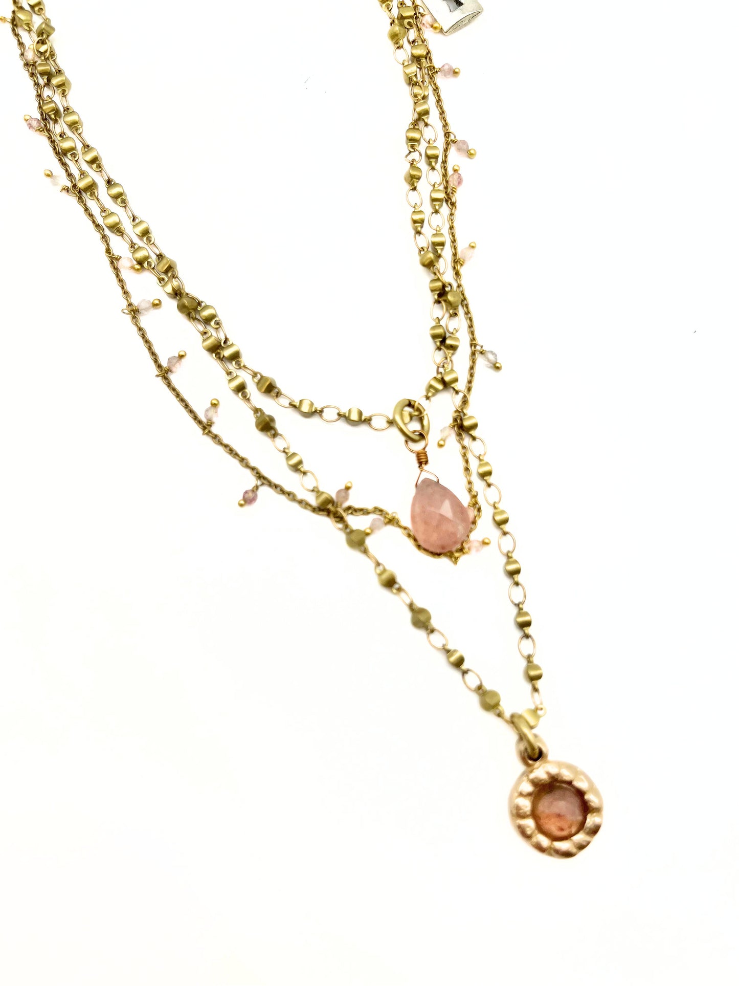 Delicate Triple Layered Pendant Drop Necklace on Beaded & Brass Rosary Chains