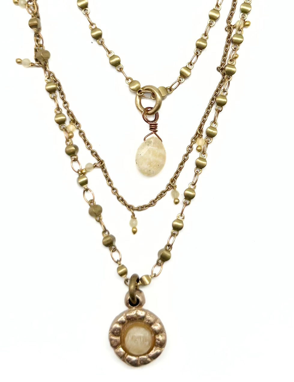 Delicate Triple Layered Pendant Drop Necklace on Beaded & Brass Rosary Chains