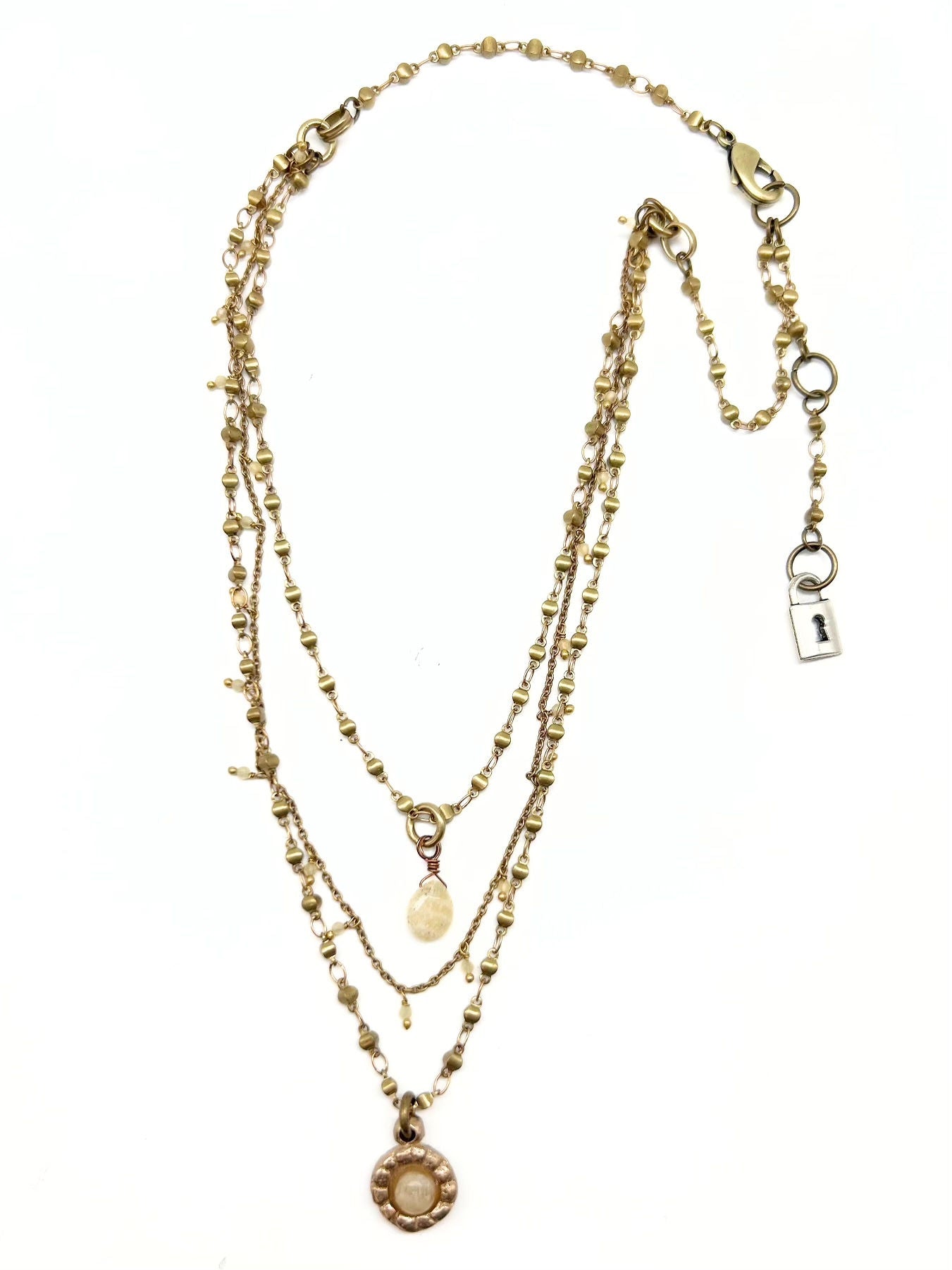 Delicate Triple Layered Pendant Drop Necklace on Beaded & Brass Rosary Chains