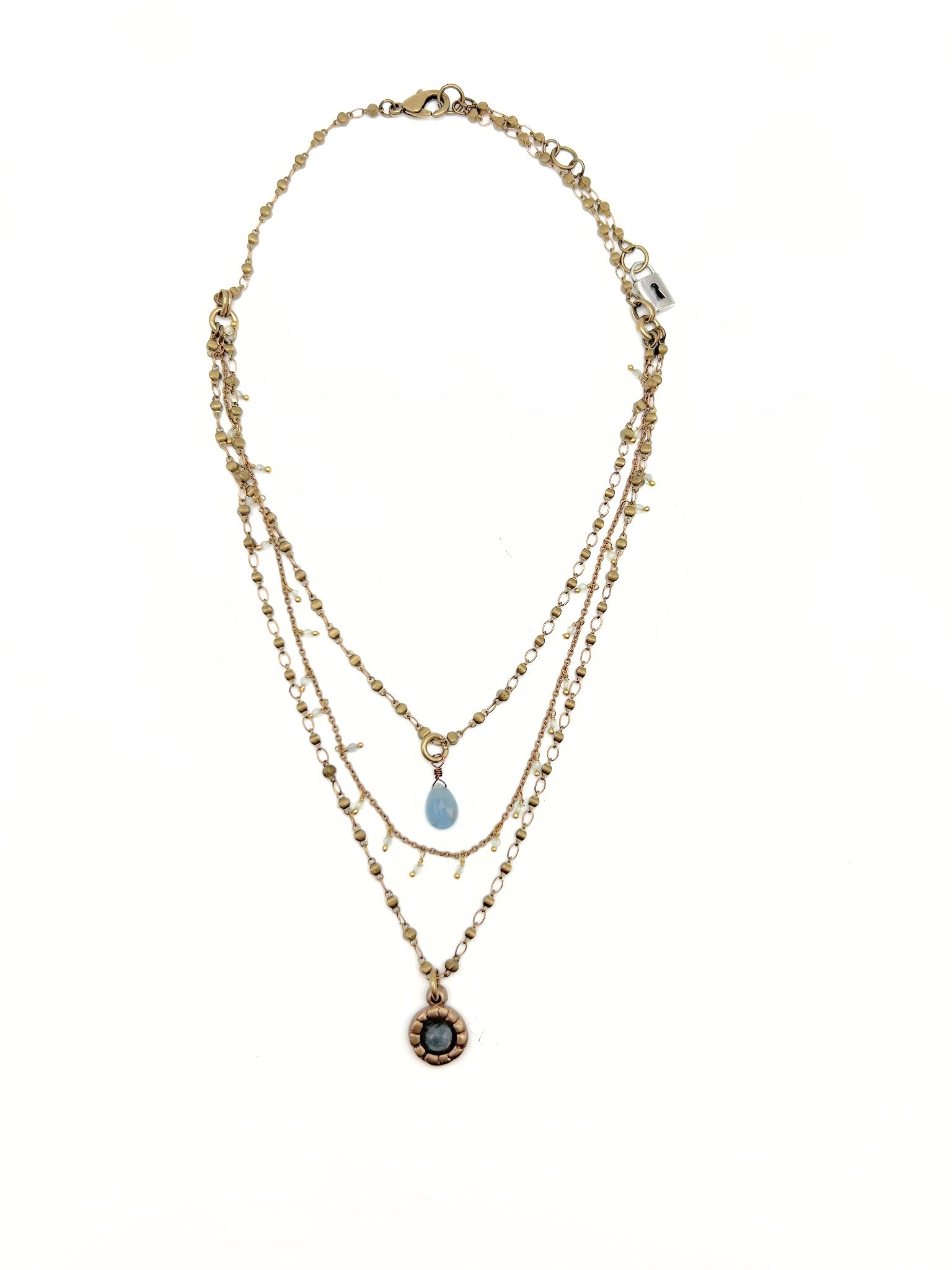 Delicate Triple Layered Pendant Drop Necklace on Beaded & Brass Rosary Chains