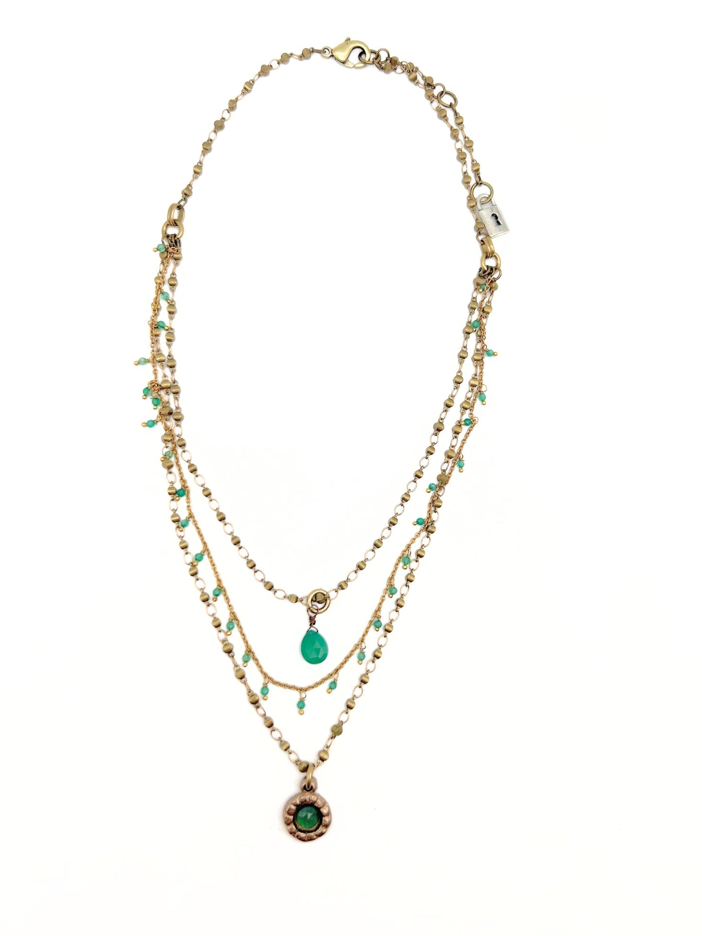 Delicate Triple Layered Pendant Drop Necklace on Beaded & Brass Rosary Chains