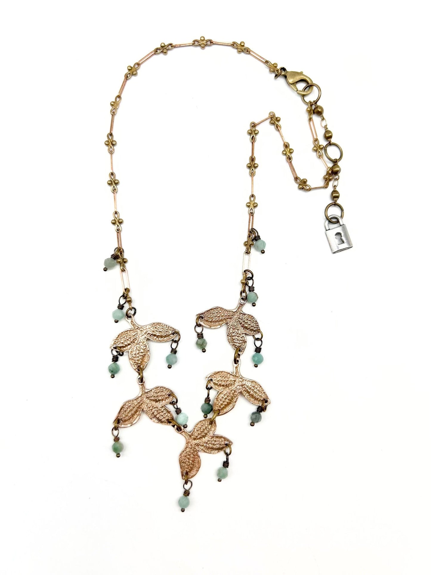 Delicate Vintage Pressed Fauna Lace Bronze Necklace with Raw Emerald Bead Accents