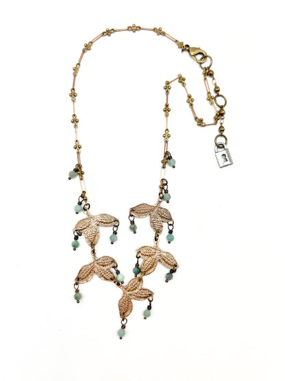 Delicate Vintage Pressed Fauna Lace Bronze Necklace with Raw Emerald Bead Accents