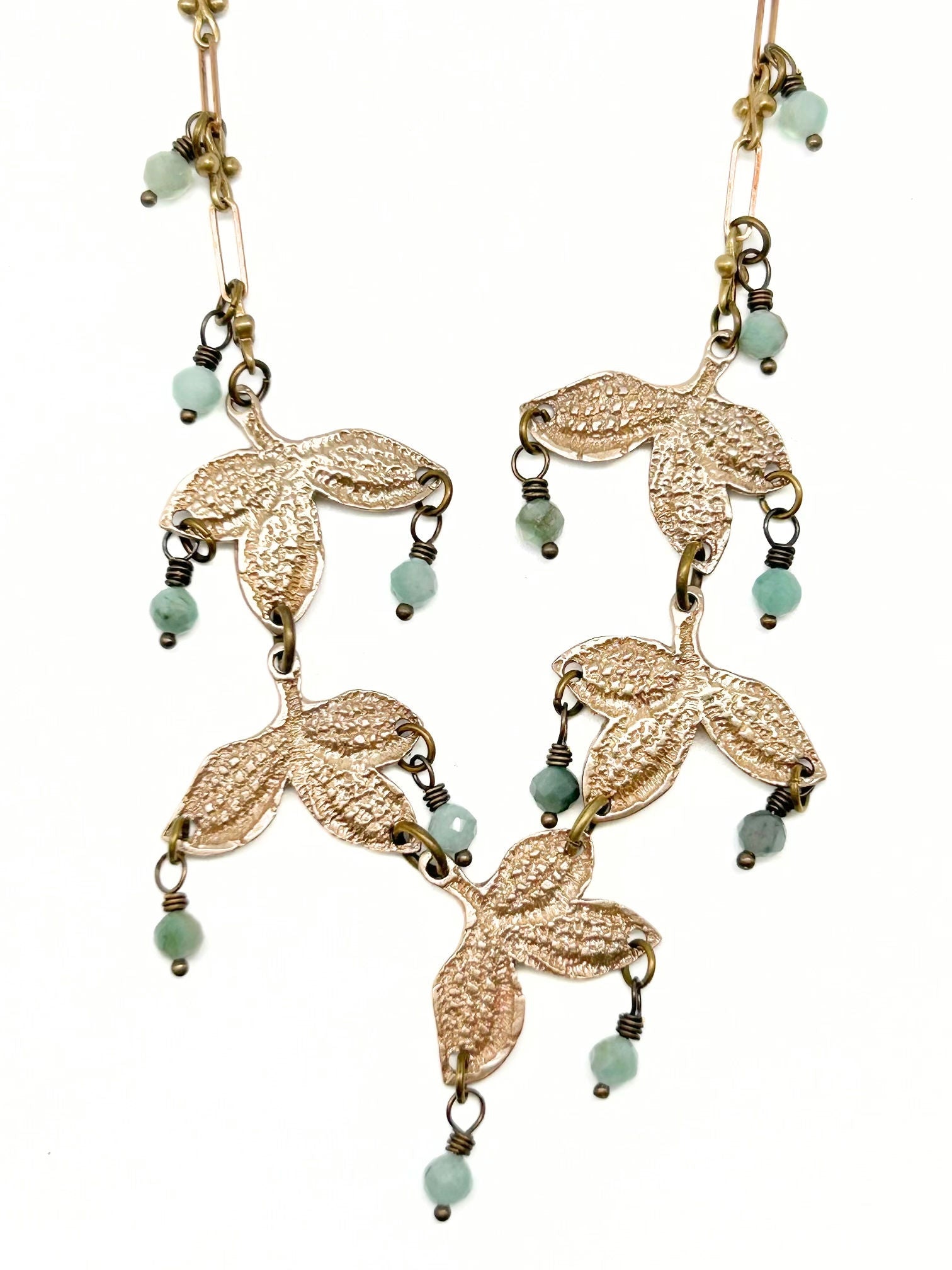 Delicate Vintage Pressed Fauna Lace Bronze Necklace with Raw Emerald Bead Accents