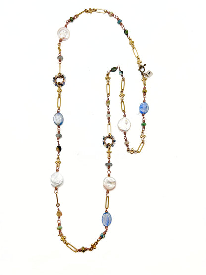 Gemstone Wrapped O-Ring Pendant, Pearl, and Multi Tourmaline Long Necklace