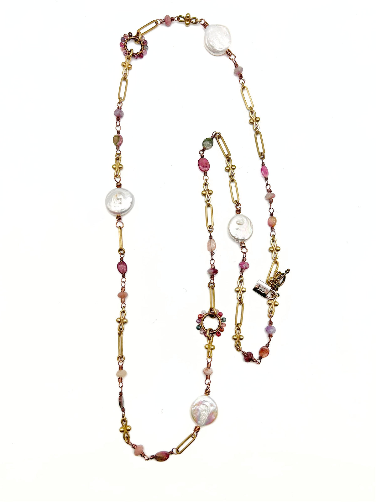 Gemstone Wrapped O-Ring Pendant, Pearl, and Multi Tourmaline Long Necklace