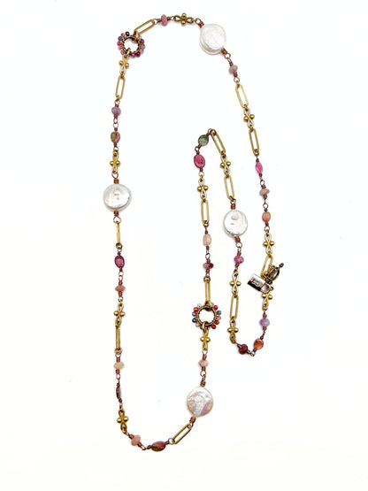 Gemstone Wrapped O-Ring Pendant, Pearl, and Multi Tourmaline Long Necklace
