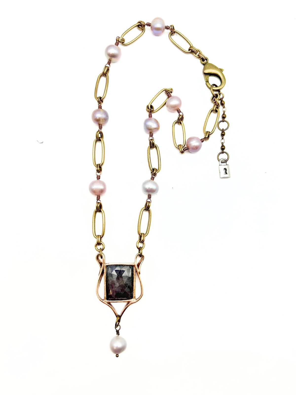 Harp Styled Pendant with Rectangle Gemstone, Pearl Accent, and Pearl Chain Necklace