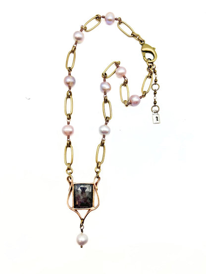 Harp Styled Pendant with Rectangle Gemstone, Pearl Accent, and Pearl Chain Necklace